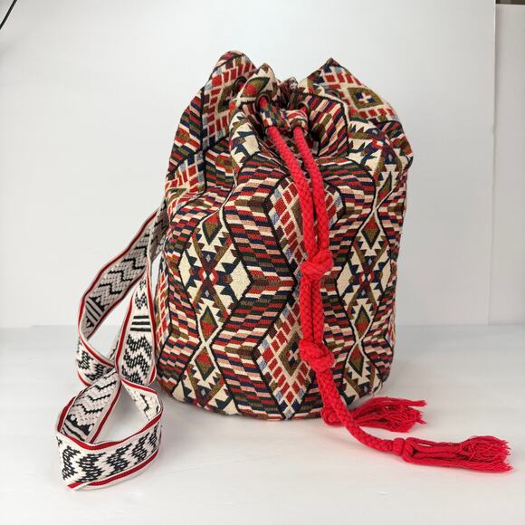 EUC Tapestry Southwest Aztec Tribal Boho Hippie Drawstring Large Backpack India - Picture 1 of 11